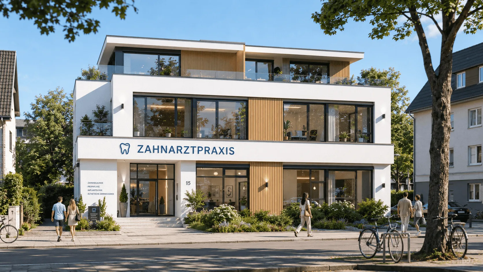 Von der Straße gut sichtbare moderne Zahnarztpraxis