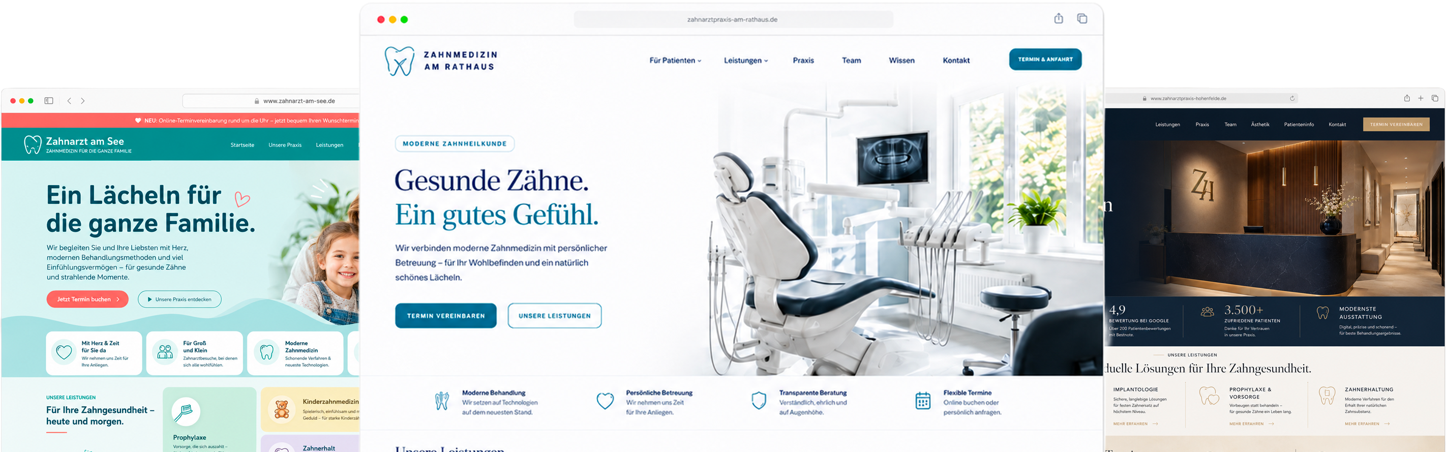 zahnärzte.online Website-Mockup mit fünf Praxiswebsite-Varianten
